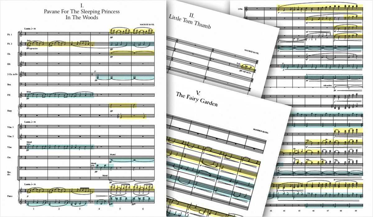 How Ravel Orchestrated: Mother Goose Suite - Example of 3 color-coded movements.